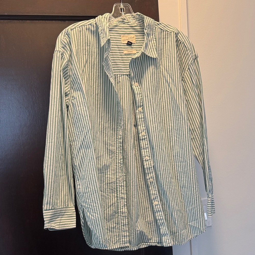 Light Green and White Striped Button-Up Oversized Fit Shirt